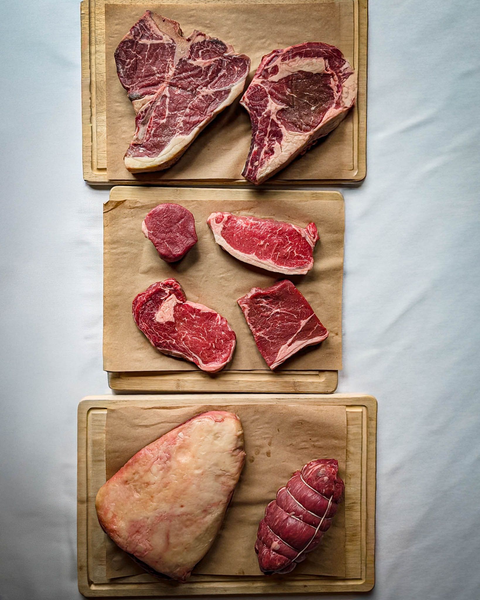 Variety of high-quality raw steak cuts, including fillet, ribeye, and sirloin, sourced directly from Smithfield Market for The Grill Clerkenwell.